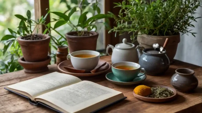 A calming scene with soft natural lighting, showing a cozy home setup featuring Natural Remedies for Ehlers-Danlos Syndrome