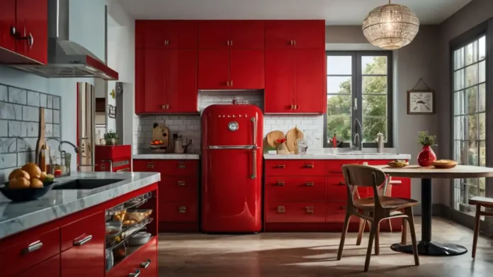 A modern kitchen with a Galanz retro fridge