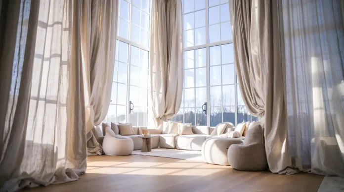 A photo of a bright, airy living room with Pure Luxury Linen Drapes