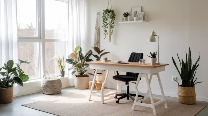A serene and stylish minimalist modern home office featuring natural light, neutral colors, and ergonomic furniture.