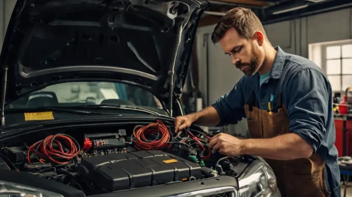 An illustration of a mechanic working on a Car Electrical Repair Near Me