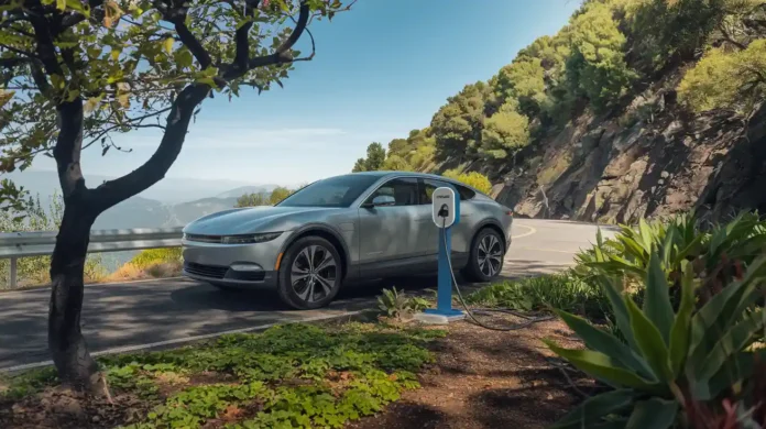scenic mountain road with a portable electric car charger connected